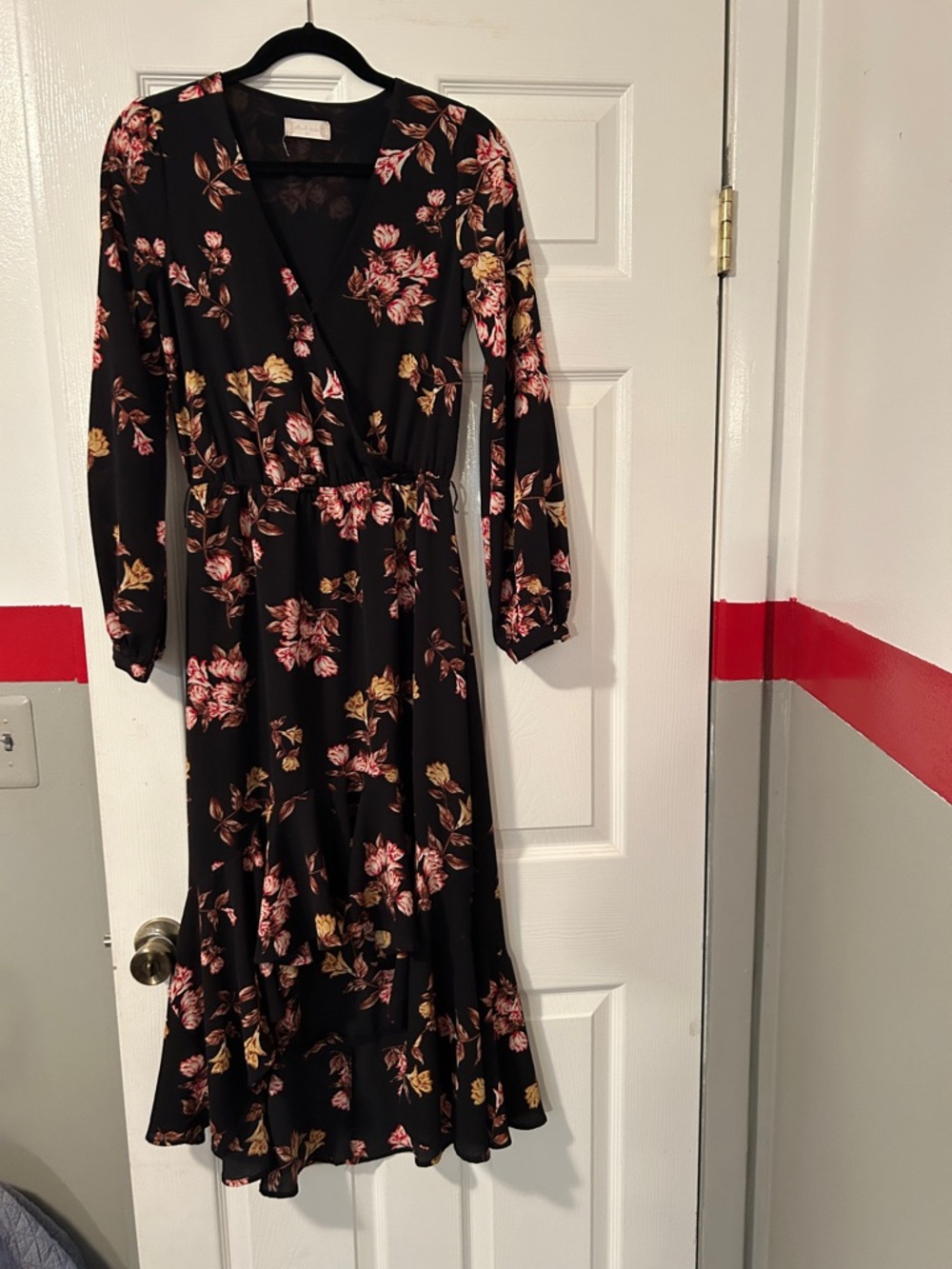 Floral Wrap Midi Dress in Black with Pink and Gold Blooms